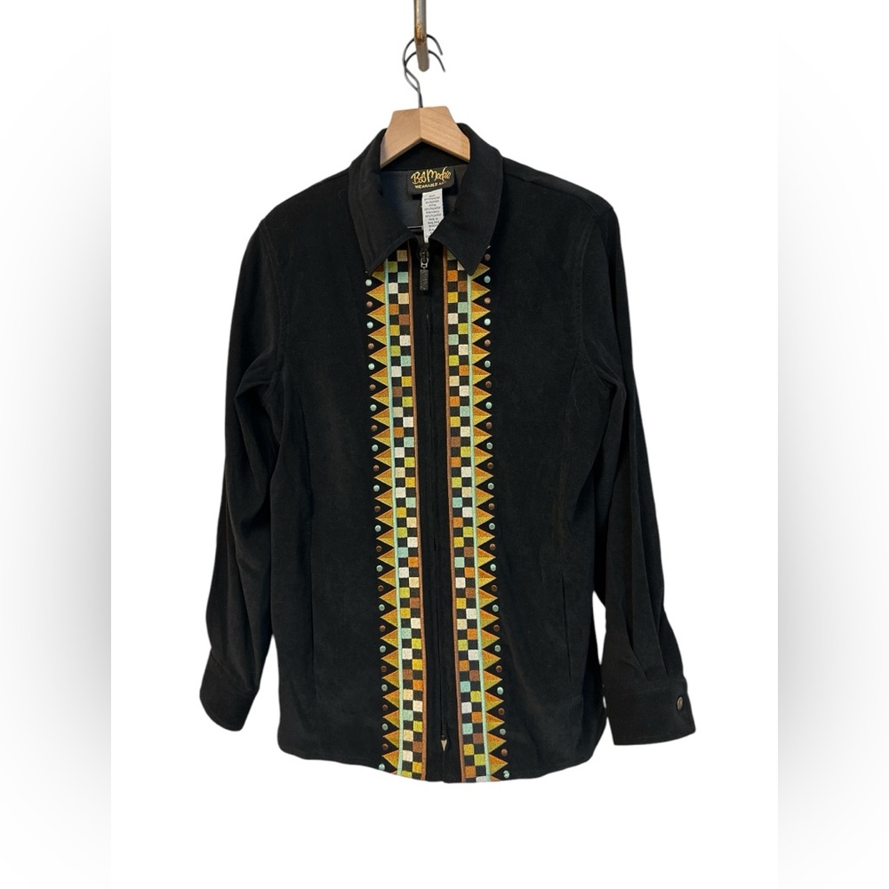 Bob Mackie Black Faux Suede Southwest Horse Embroidery Full Zip Jacket Womens SM
